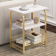 2~3 Tier Marble Pattern Coffee Table Wooden Tea Table White Sofa End Table Nightstand with Storage Basket Shelf for Bedroom